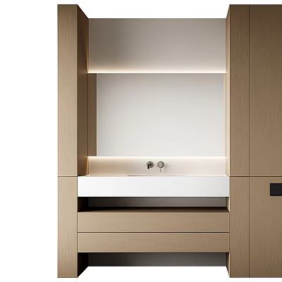 Modern Washbasin Interior Design With Built-in White Countertop Wooden Cabinets And Ambient Lighting 3d model
