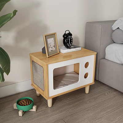 White and Wooden Bedside Table with Cat Bed Compartment Photo Frame Alarm Clock and Book in Cozy Home 3d model