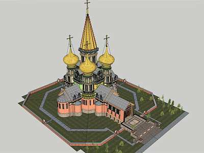 Historic Ancient Architecture With Golden Domes Spire Pink Walls Lawn And Steps 3d model