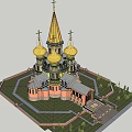 Historic Ancient Architecture With Golden Domes Spire Pink Walls Lawn And Steps