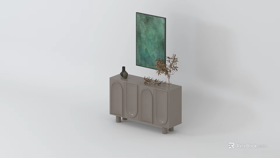 Modern Light Gray Dresser With Arched Doors Decorative Vase Plant Green Abstract Painting 3d model 