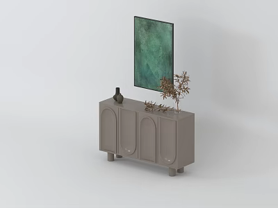 Modern Light Gray Dresser With Arched Doors Decorative Vase Plant Green Abstract Painting 3d model