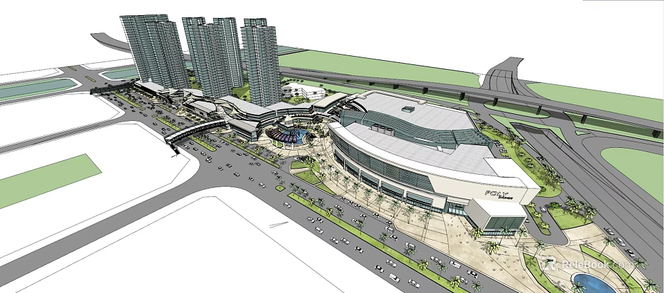 Modern Commercial Complex with High Rise Buildings Overpass Plaza Greenery and Vehicles 3d model 
