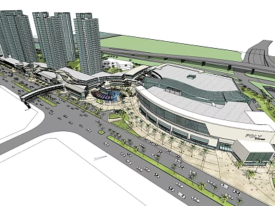 Modern Commercial Complex with High Rise Buildings Overpass Plaza Greenery and Vehicles 3d model