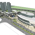 Modern Commercial Complex with High Rise Buildings Overpass Plaza Greenery and Vehicles