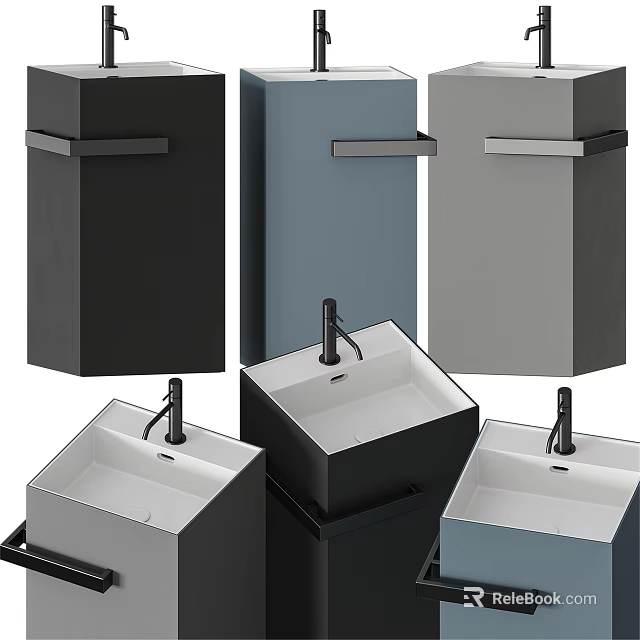 Modern Square Washbasin Design With Various Colored Bodies And Sleek Faucets In Bathroom 3d model 