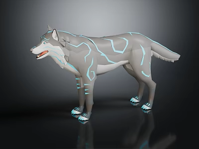 3D Mythical Wolf Character With Blue Glowing Lines Standing On Shiny Reflective Surface 3d model