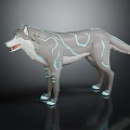 3D Mythical Wolf Character With Blue Glowing Lines Standing On Shiny Reflective Surface 3d model