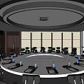 Modern Conference Room With Round Meeting Table Black Office Chairs And Water Bottles