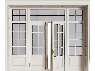 White Double Doors With Glass Panes And Classic Wooden Frame Design 3d model