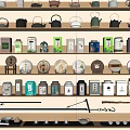 Various Ceramic Tea Wares Display on Wooden Shelves with Teapots Cups and Canisters