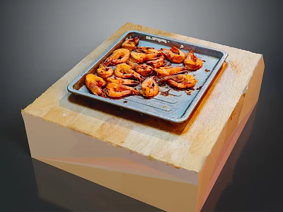Delicious Crispy Grilled Shrimp On Baking Tray Placed Over Wooden Board 3d model