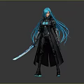 3D Character With Long Blue Hair Black Outfit And Glowing Blue Sword