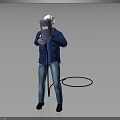 Welder Character In Blue Jacket Blue Jeans White Cap Holding Welding Helmet And Black Hose