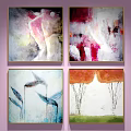 Six Abstract Paintings With Various Colors And Abstract Human Figures Displayed On Purple Wall