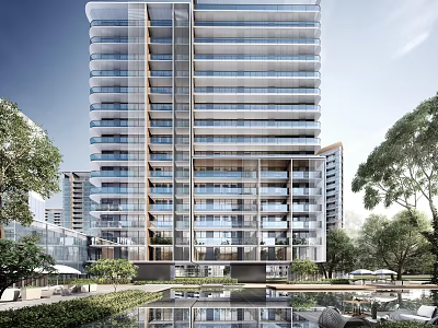Modern High Rise Apartment Building With Glass Curtain Wall Greenery And Swimming Pool 3d model
