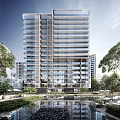 Modern High Rise Apartment Building With Glass Curtain Wall Greenery And Swimming Pool