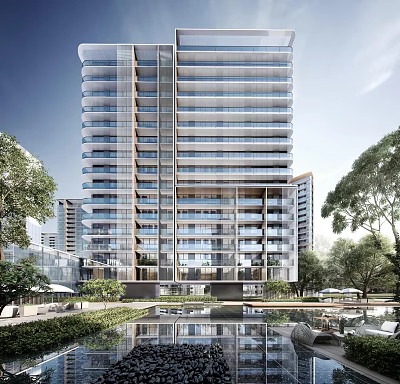 Modern High Rise Apartment Building With Glass Curtain Wall Greenery And Swimming Pool 3d model