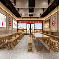 Traditional Restaurant Interior With Wooden Long Tables Stools Wall Decorations And Red Logos