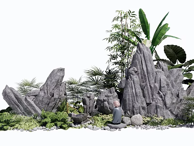 Courtyard Garden Design With Rock Formations Bamboo Banana Leaves Green Plants And Pebbles 3d model