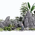 Courtyard Garden Design With Rock Formations Bamboo Banana Leaves Green Plants And Pebbles