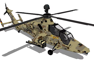 Military Helicopter With Camouflage Paint Cockpit Rotors Weapon Equipment And Serial Number 14+08 3d model