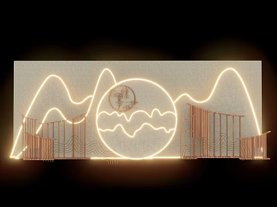 Illuminated Feature Wall With Neon Mountain Shapes Circular Decoration Wavy Lines And Side Railings 3d model
