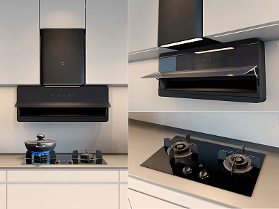 Stylish Modern Kitchen Appliances With Black Range Hood And Gas Stove Under Cabinet Design 3d model