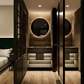 Modern Hotel Guest Room Interior with Green Headboard White Bed Linens and Wooden Flooring