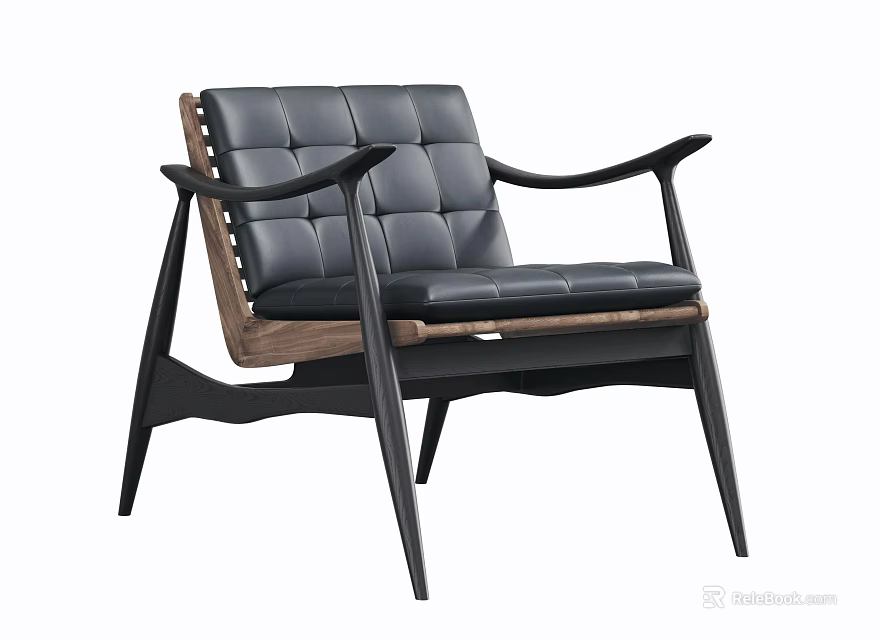 Modern Leisure Chair with Black Leather Upholstery Wooden Armrests Square Stitching and Slim Black Legs 3d model 