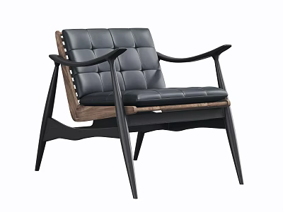 Modern Leisure Chair with Black Leather Upholstery Wooden Armrests Square Stitching and Slim Black Legs 3d model