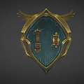 Ornate Weapon Badge With Golden Frame Detailed Lion Head Green Gemstones And Decorative Wings
