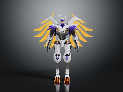 White Purple Mechanical Character With Yellow Wings And Robot Design Features 3d model