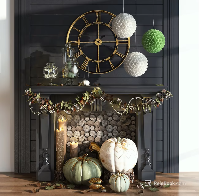 Fireplace Ornamental Decor Set With Large Clock Spherical Balls Pumpkins And Wood Logs 3d model 