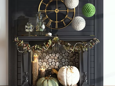 Fireplace Ornamental Decor Set With Large Clock Spherical Balls Pumpkins And Wood Logs 3d model