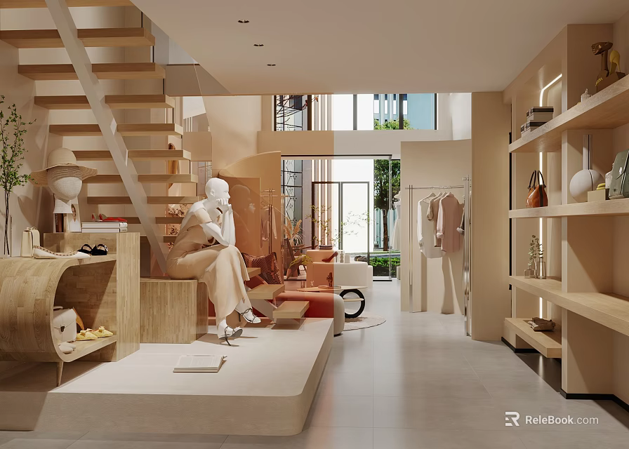 Modern Clothing Store Interior With Mannequins Hangers Display Shelves And Comfortable Sofa 3d model 