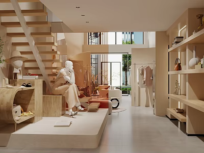 Modern Clothing Store Interior With Mannequins Hangers Display Shelves And Comfortable Sofa 3d model