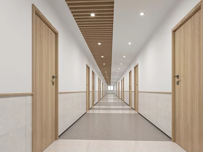 Modern Elevator Corridor Interior with Wooden Doors and Ceiling Lights 3d model