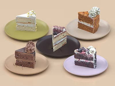 Assorted Cake Slices With Cream And Fruit Toppings On Colorful Plates 3d model