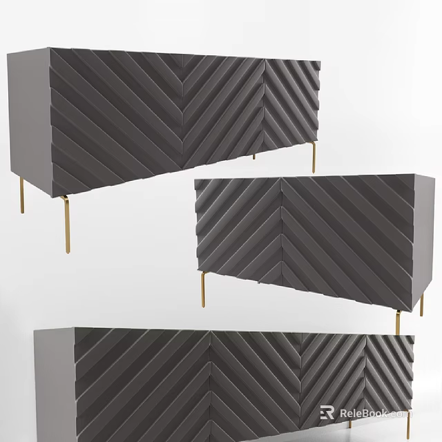Modern Black TV Stand With Herringbone Pattern And Golden Legs Design 3d model 