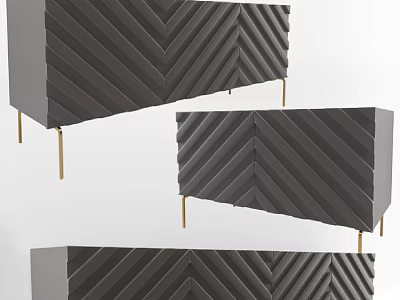 Modern Black TV Stand With Herringbone Pattern And Golden Legs Design 3d model