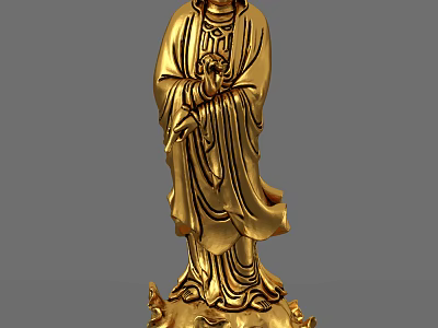 Golden Hand Carved Standing Figure Sculpture With Intricate Robe Details 3d model