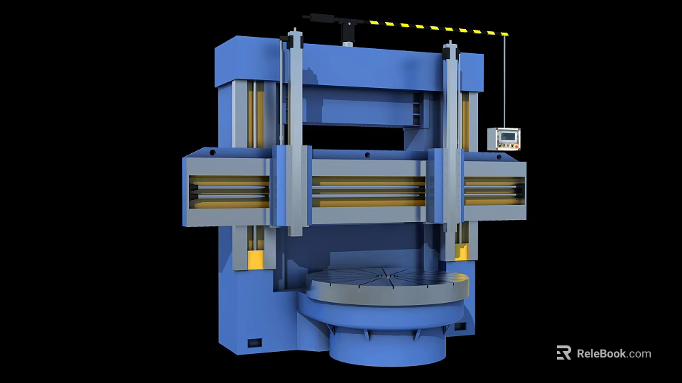 Industrial Vertical Lathe With Blue Body Vertical Columns Yellow Warning Stripes And Circular Worktable 3d model 