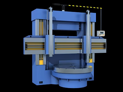 Industrial Vertical Lathe With Blue Body Vertical Columns Yellow Warning Stripes And Circular Worktable 3d model