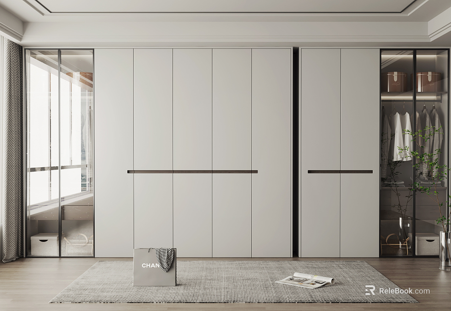 Modern White Wardrobe With Sliding Glass Doors And Minimalist Black Handles Design 3d model 