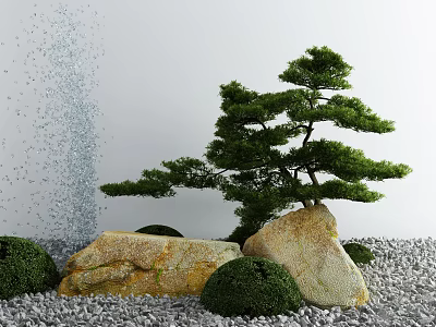 Garden Ornament With Pine Tree Large Rocks Small Shrubs Water Drops On Gravel 3d model