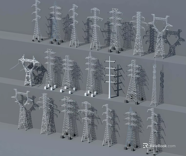 Industrial Power Transmission Equipment With Various Steel Towers Utility Poles And Structures 3d model 