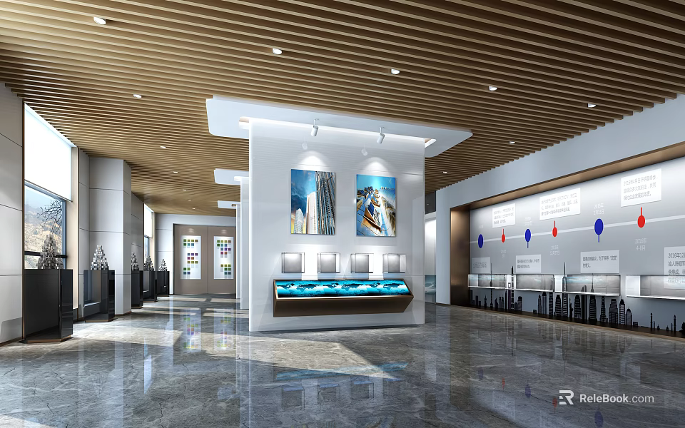 Modern Lobby Interior With Wooden Ceiling Service Counter And Wall Paintings 3d model 