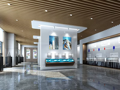 Modern Lobby Interior With Wooden Ceiling Service Counter And Wall Paintings 3d model