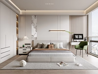 Modern Bedroom Interior Design With Minimalist Bed Green Chair Marble Accent And Large Window 3d model